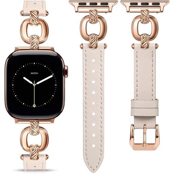 NEW Leather Apple Watch Band Rose Gold Buckle - Picture 1 of 5